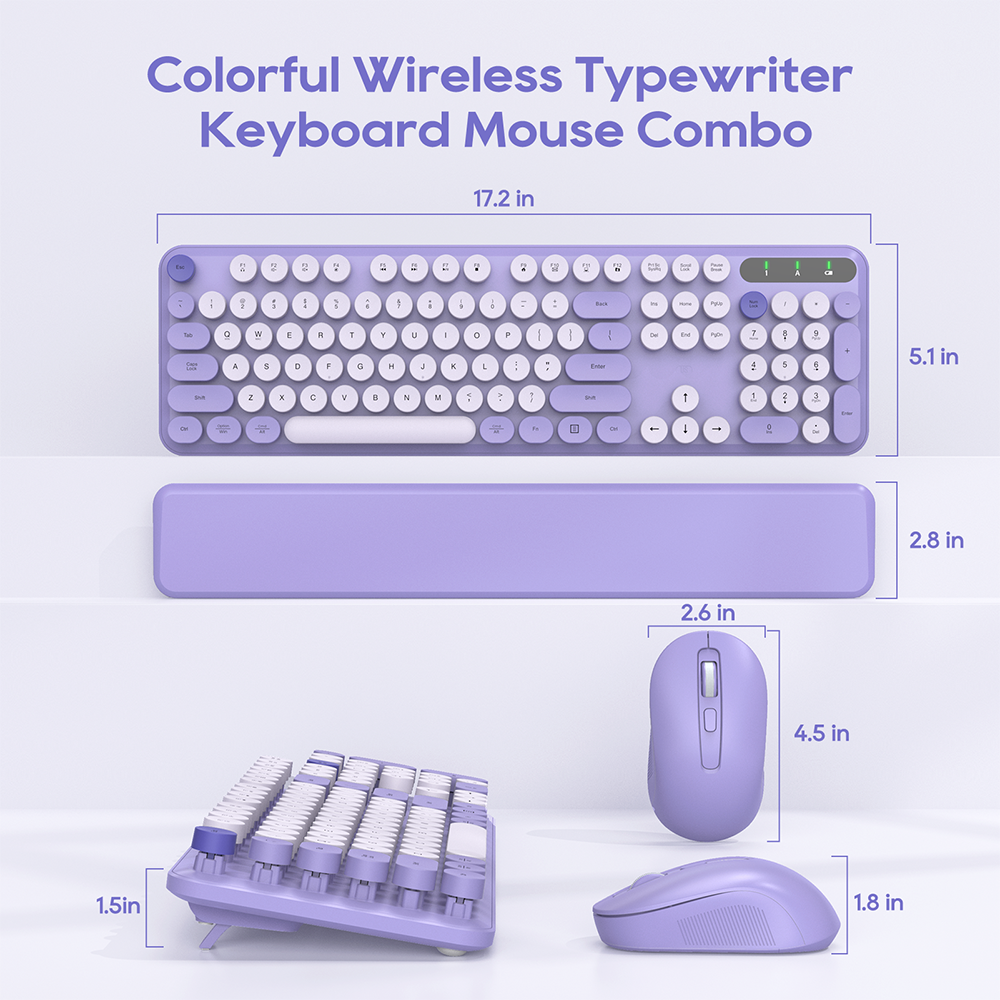 Wireless Keyboard & Mouse Set (Purple) – Retro Round Keycaps, Detachable Wrist Rest, 2.4GHz Cordless Connection for Mac/Windows/PC