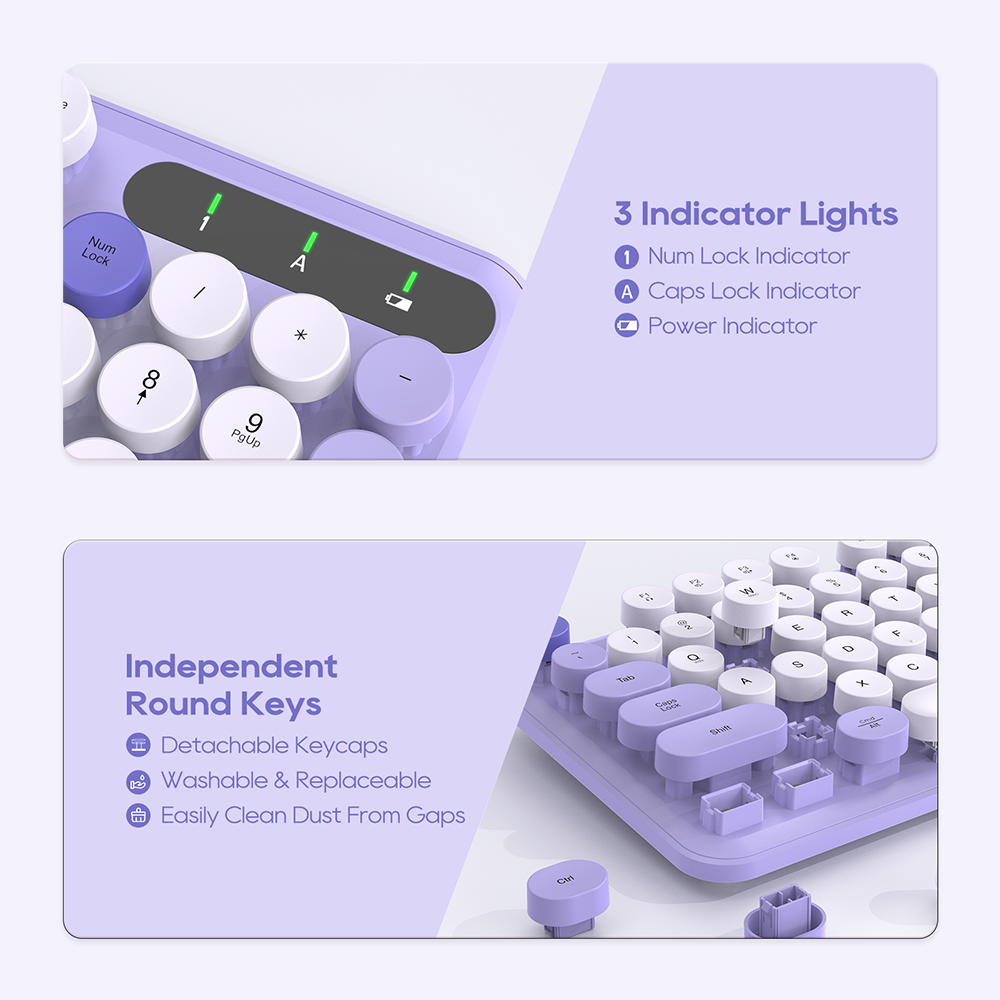 Wireless Keyboard & Mouse Set (Purple) – Retro Round Keycaps, Detachable Wrist Rest, 2.4GHz Cordless Connection for Mac/Windows/PC