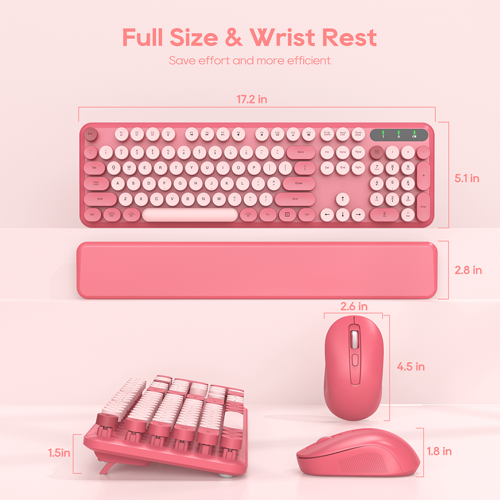 Wireless Keyboard & Mouse Set (Hot Pink) – Retro Round Keycaps, Detachable Wrist Rest, 2.4GHz Cordless Connection for Mac/Windows/PC