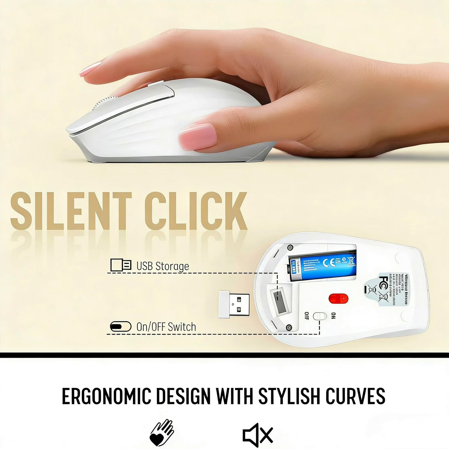 Wireless Keyboard and Mouse Combo with Full-Size Quiet, Palm Rest, Phone Holder, Multimedia Keys, Batteries Included, Compatible with Windows, PC, Laptop - White