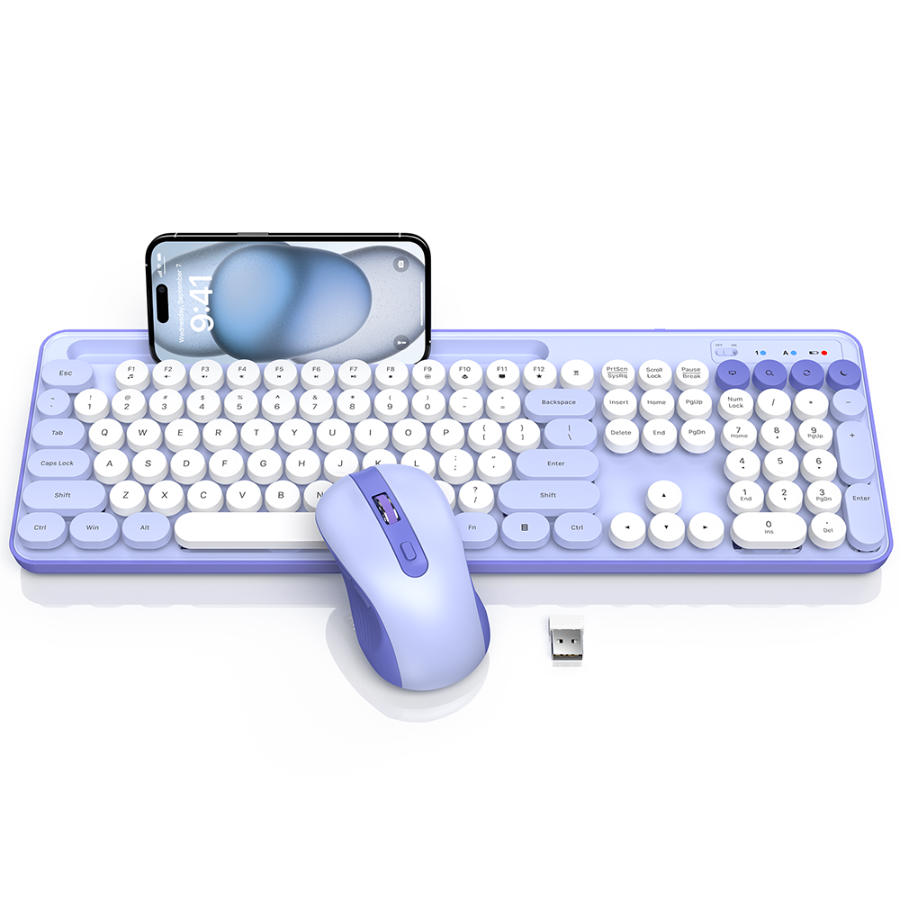 Wireless Keyboard and Mouse Set, Purple, New, Retro Keyboard and Mouse Set with Phone Holder - Soft Clicks & Convenient Design for Work and Study