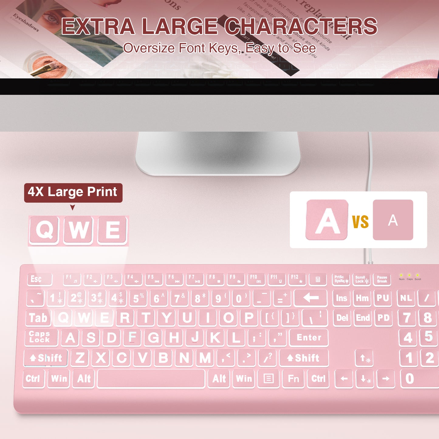Wagpak Large Print Backlit Keyboard - Wired USB Lighted Computer Keyboard for Laptops,Pink