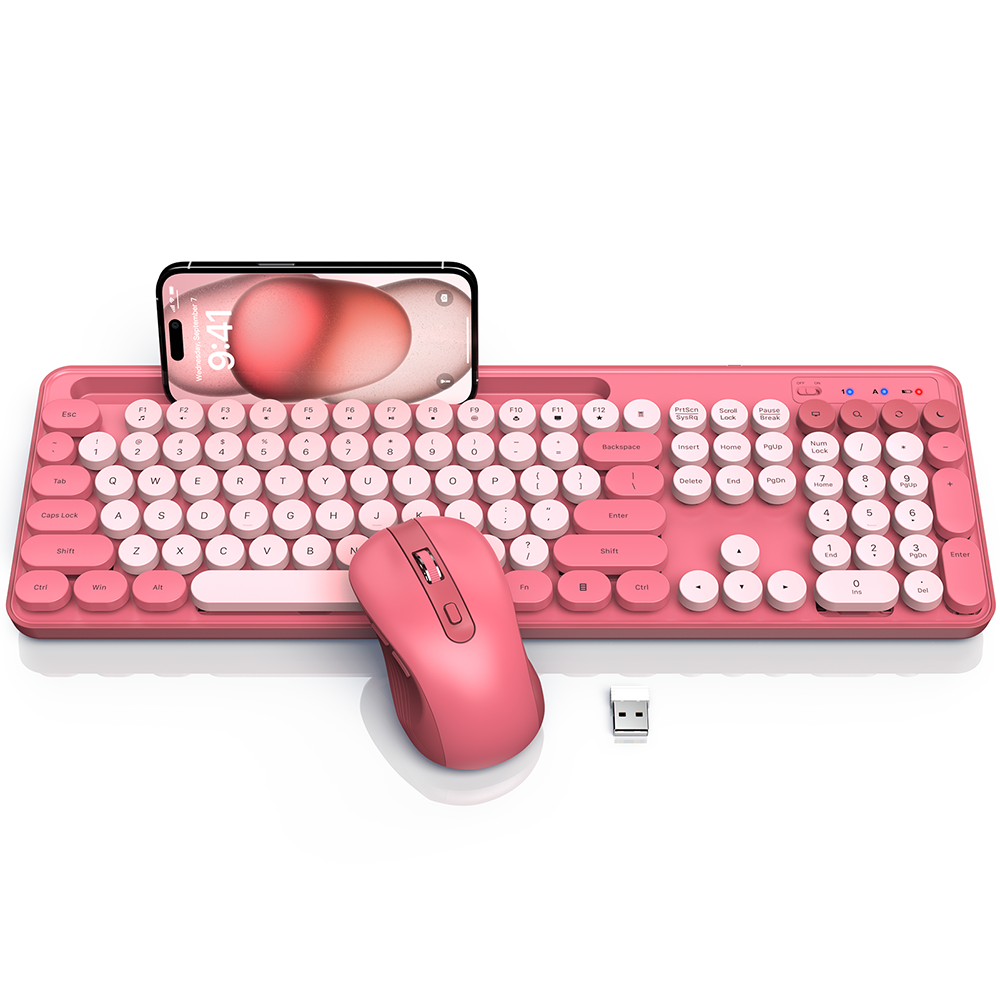 Wagpak Wireless Keyboard and Mouse Set, Pink, (New), Retro Keyboard and Mouse Set with Phone Holder - Soft Clicks & Convenient Design for Work and Study