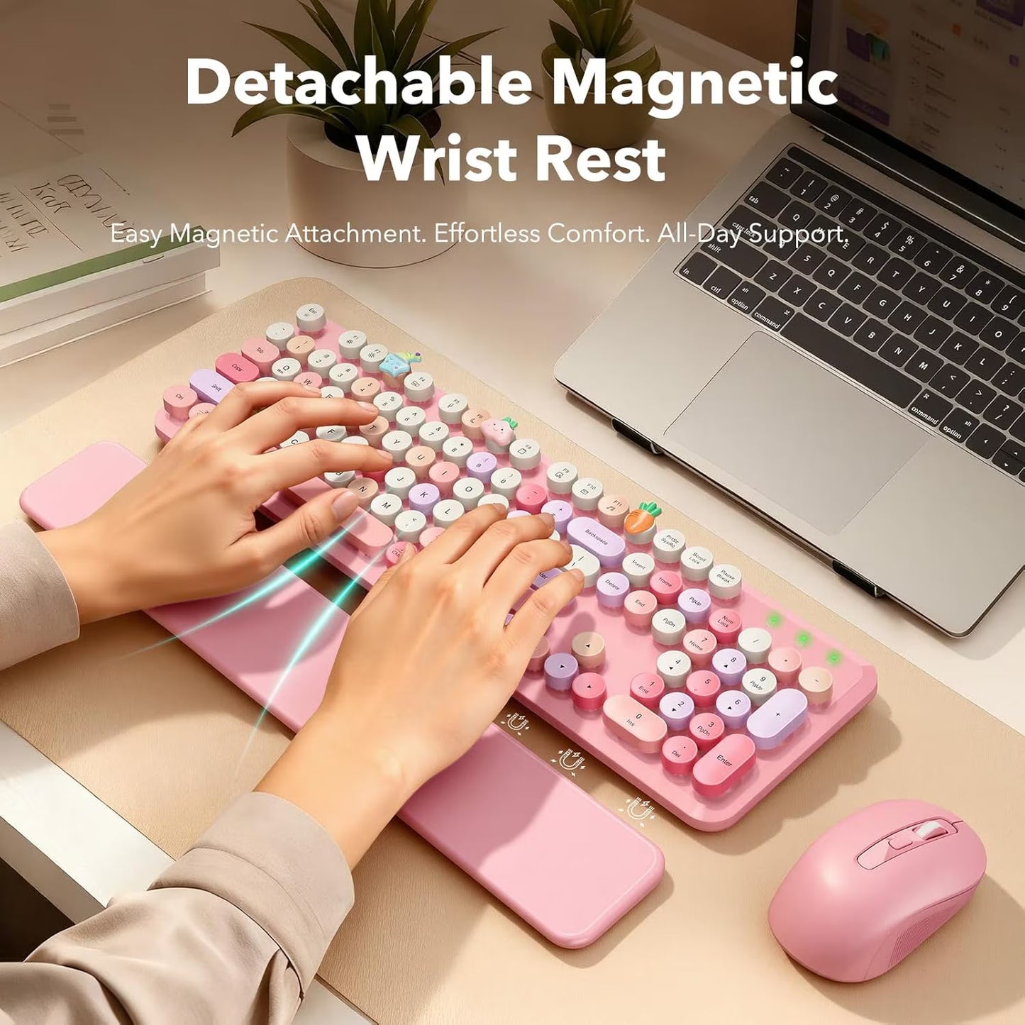 Wireless Keyboard and Mouse Combo Latte, Retro Round Keycaps, Full Size with Detachable Wrist Rest, 2.4G for PC Mac Windows