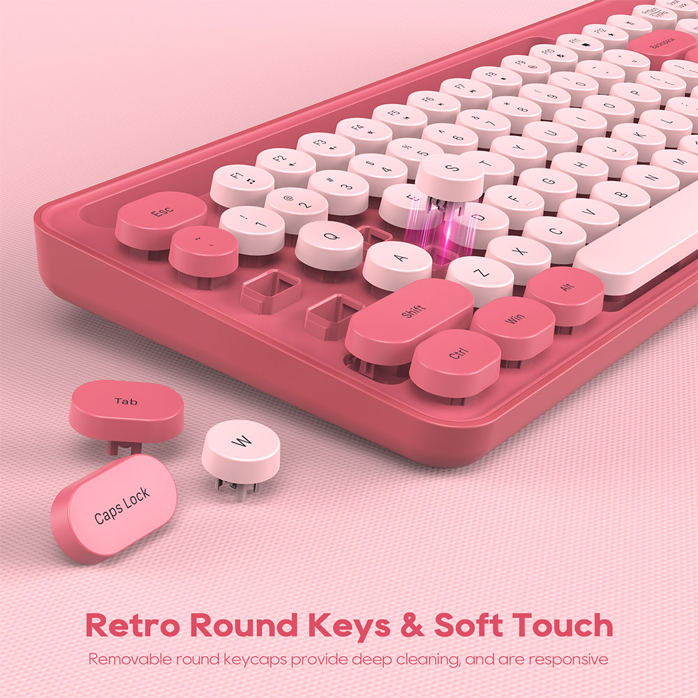 Wagpak Wireless Keyboard and Mouse Set, Pink, (New), Retro Keyboard and Mouse Set with Phone Holder - Soft Clicks & Convenient Design for Work and Study