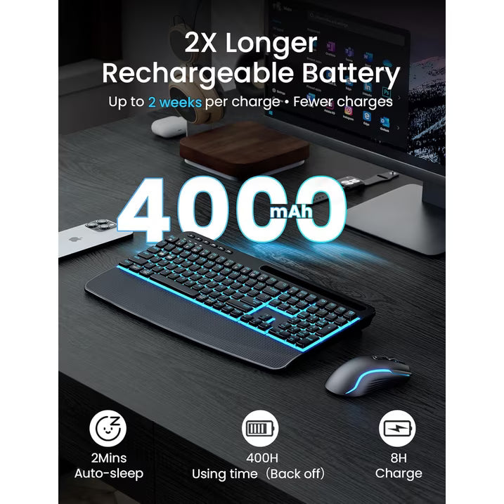 Rechargeable Backlit Wireless Keyboard and Mouse Combo, Ergonomic with Wrist Rest & Phone Holder, Silent for Windows/Mac/Chrome OS - Black