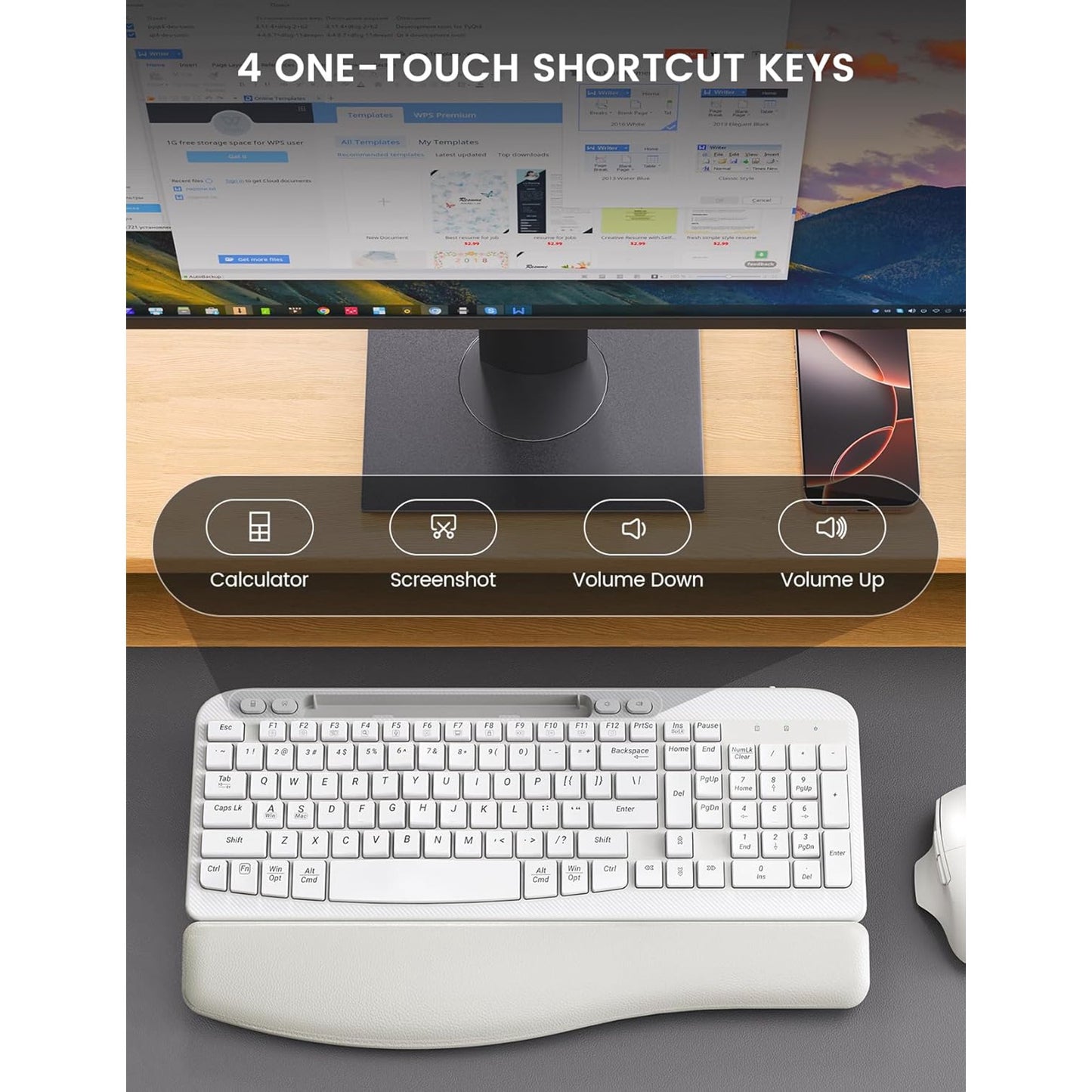 Ergonomic Wireless Keyboard & Mouse Combo - Rechargeable Type-C, Cushioned Wrist Rest, 7.28” Phone Holder, Silent Mouse, 2.4G Lag-Free for Windows/Mac,White