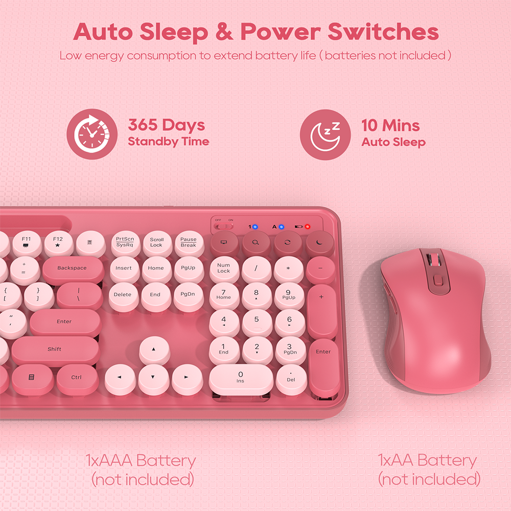 Wagpak Wireless Keyboard and Mouse Set, Pink, (New), Retro Keyboard and Mouse Set with Phone Holder - Soft Clicks & Convenient Design for Work and Study