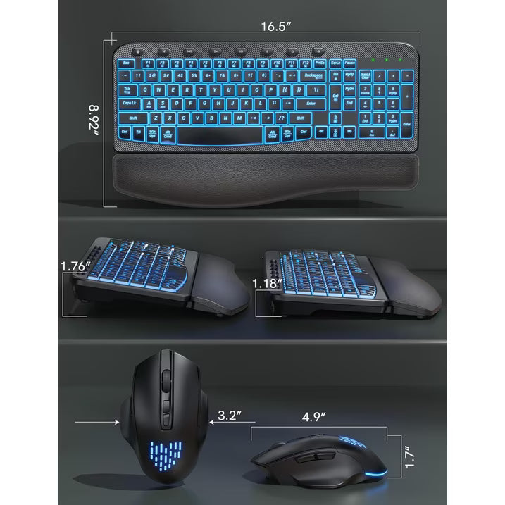 Wireless Keyboard and Mouse Combo - Ergonomic Wave Rechargeable Keyboard with Soft Leather Wrist Rest, RGB Backlit -Black