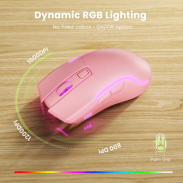 Rechargeable Backlit Wireless Keyboard and Mouse Combo, Ergonomic with Wrist Rest & Phone Holder, Silent for Windows/Mac/Chrome OS - Pink