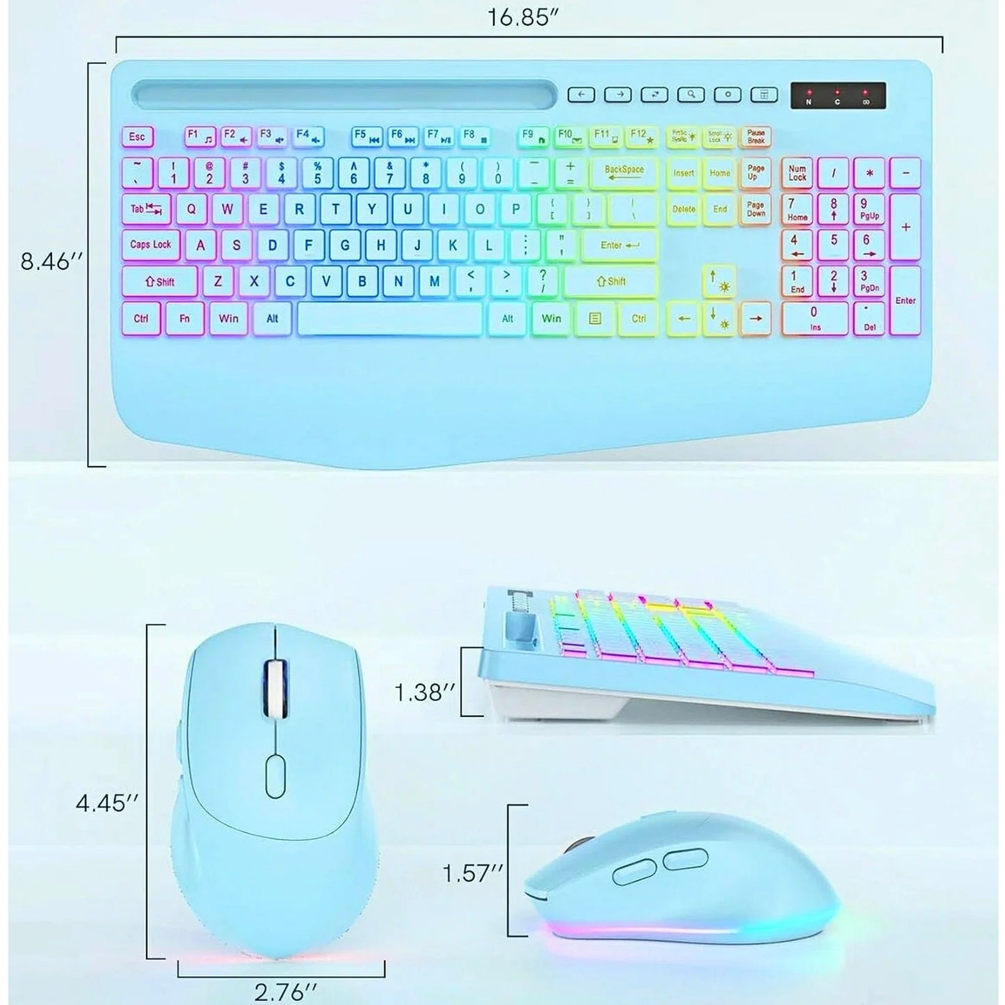Wireless Keyboard and Mouse Combo with 9 Backlit, Wrist Rest & Phone Holder, Sky Blue