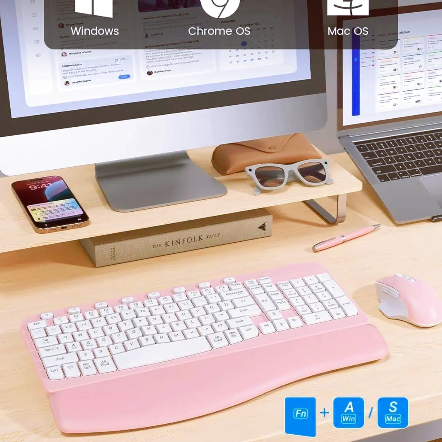 Ergonomic Wireless Keyboard and Mouse Combo, Leather Cushioned Palm Rest, Wave Keys, Silent Typing, 2.4G Lag-Free-Wagpak-Pink