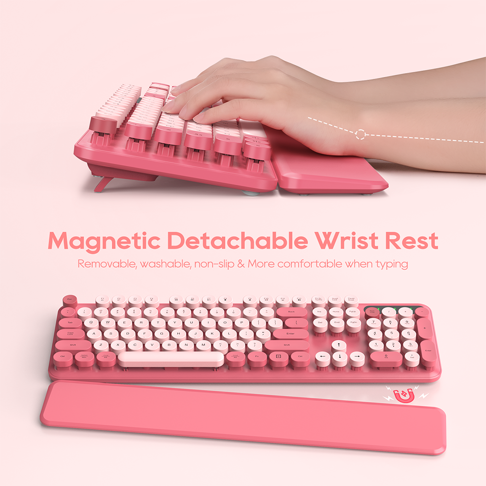 Wireless Keyboard & Mouse Set (Hot Pink) – Retro Round Keycaps, Detachable Wrist Rest, 2.4GHz Cordless Connection for Mac/Windows/PC