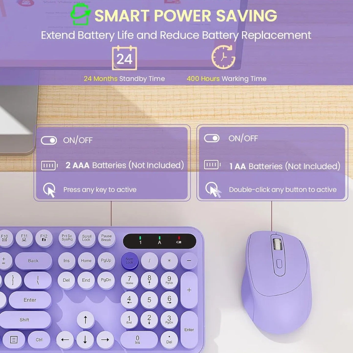 Wireless Keyboard and Mouse Combo - Retro Round Keycaps, Detachable Wrist Rest, Foldable Legs, 2.4GHz Full-Size Keyboard Purple