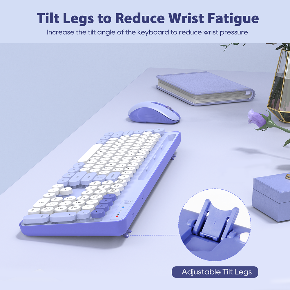 Wireless Keyboard and Mouse Set, Purple, New, Retro Keyboard and Mouse Set with Phone Holder - Soft Clicks & Convenient Design for Work and Study