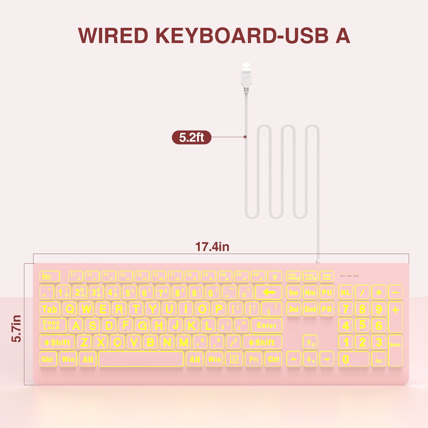Wagpak Large Print Backlit Keyboard - Wired USB Lighted Computer Keyboard for Laptops,Pink
