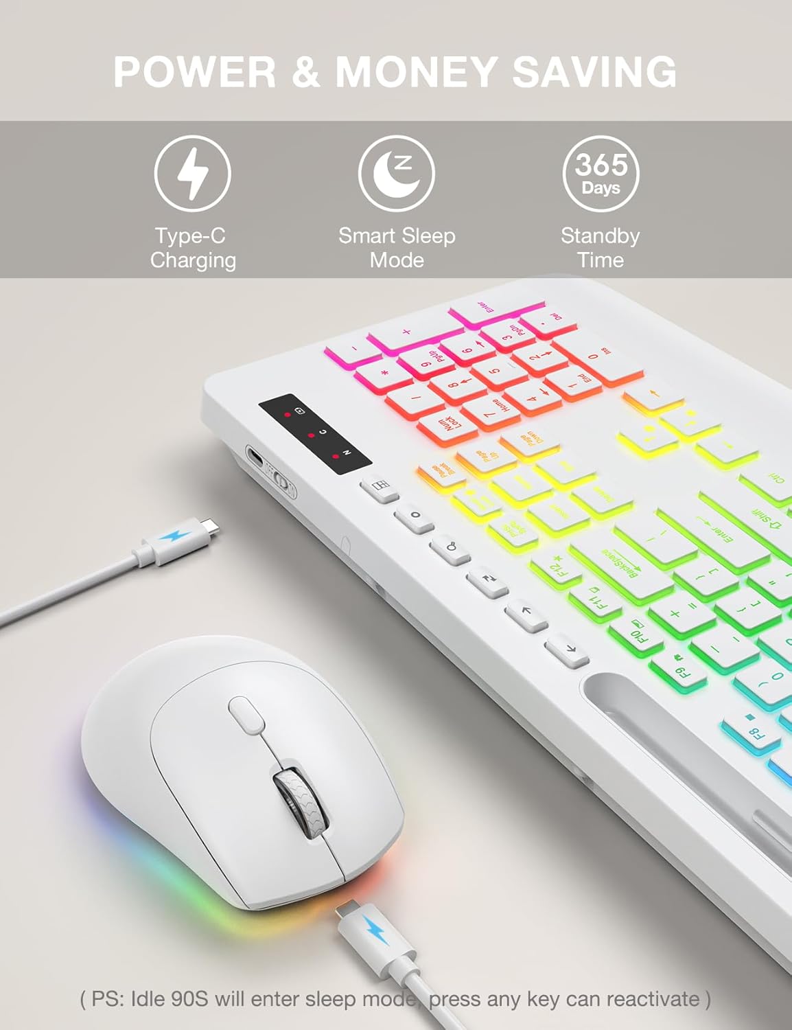 Wireless Keyboard and Mouse Combo with 9 Backlit, Wrist Rest & Phone Holder, White