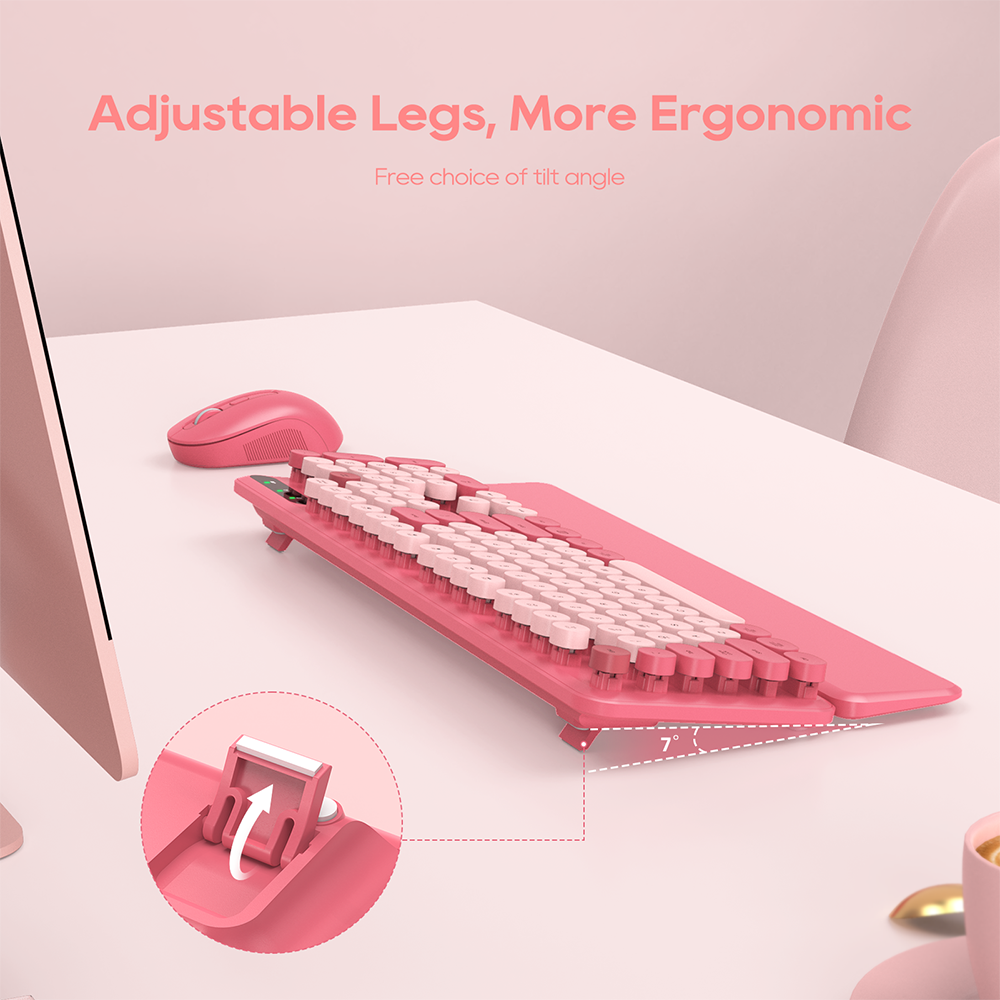 Wireless Keyboard & Mouse Set (Hot Pink) – Retro Round Keycaps, Detachable Wrist Rest, 2.4GHz Cordless Connection for Mac/Windows/PC