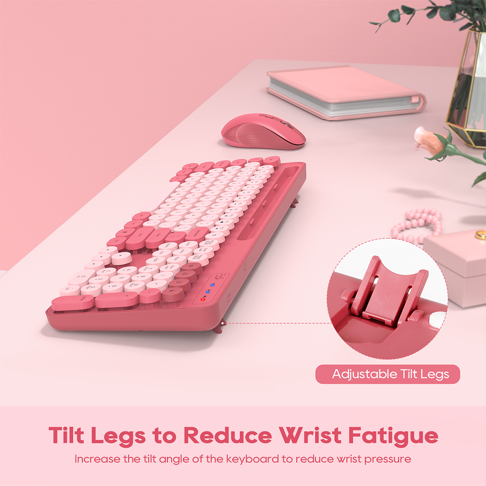 Wagpak Wireless Keyboard and Mouse Set, Pink, (New), Retro Keyboard and Mouse Set with Phone Holder - Soft Clicks & Convenient Design for Work and Study