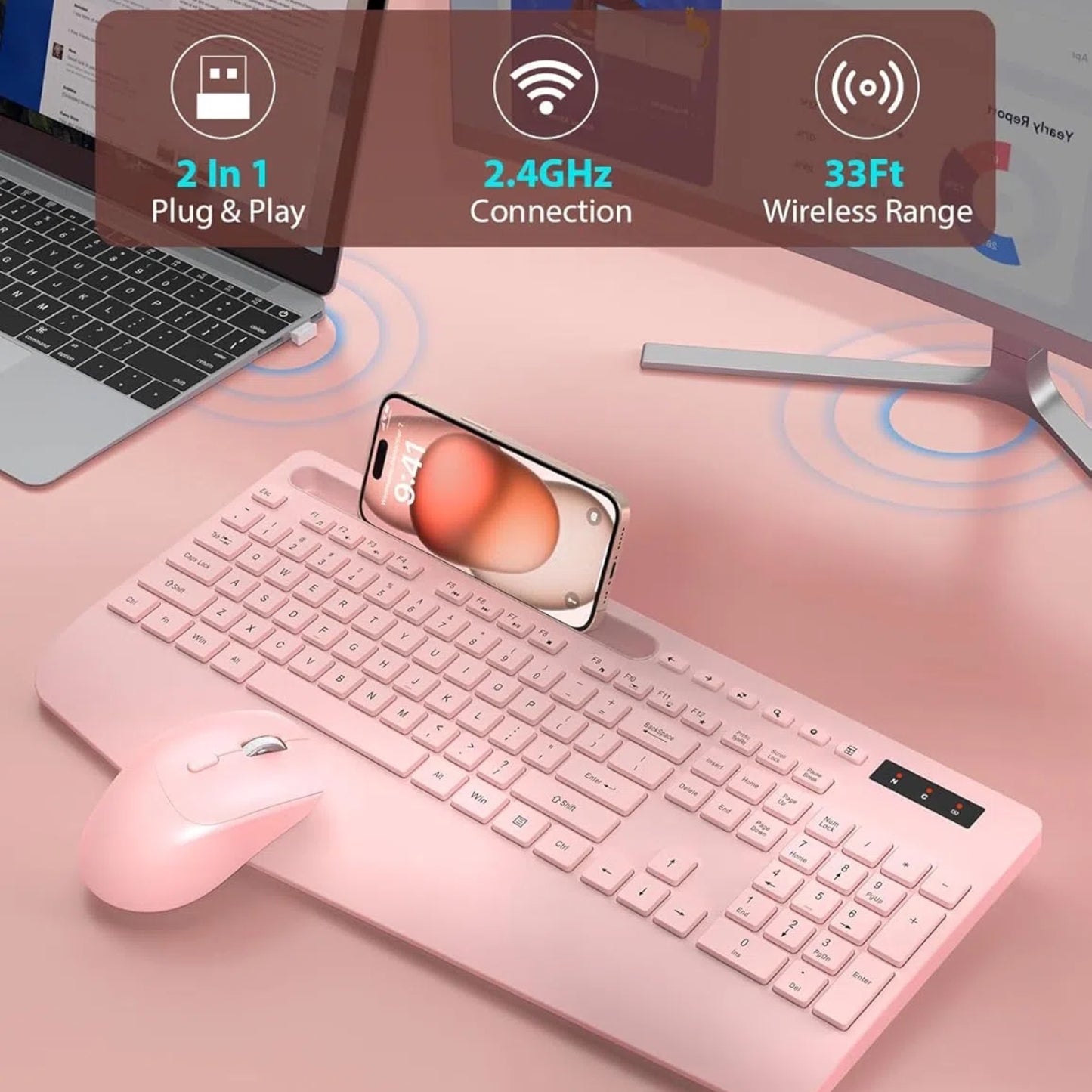Wagpak Wireless Keyboard and Mouse Combo Wrist Rest Ergonomic Phone Holder Silent for Computer,Laptop-Light Pink