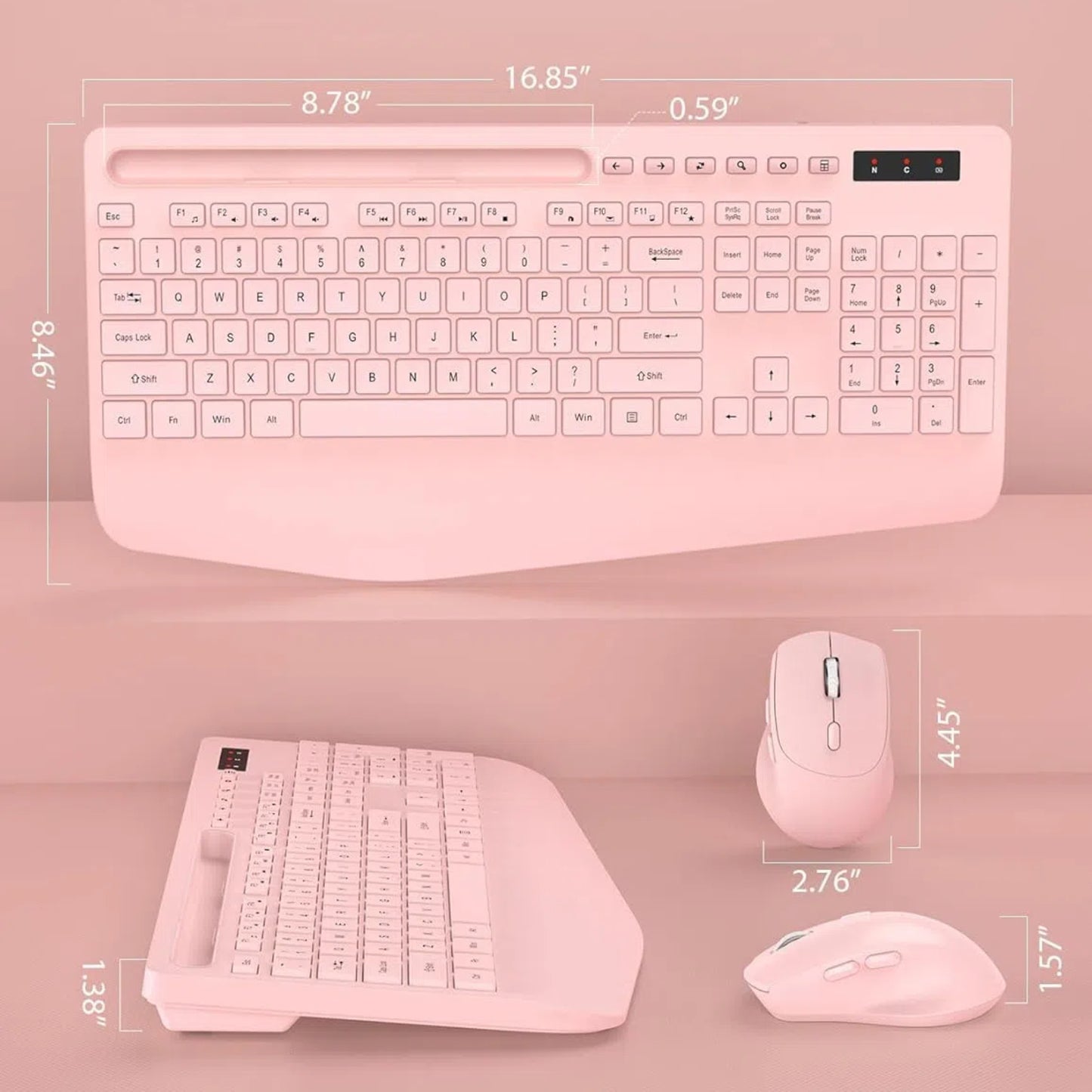 Wagpak Wireless Keyboard and Mouse Combo Wrist Rest Ergonomic Phone Holder Silent for Computer,Laptop-Light Pink