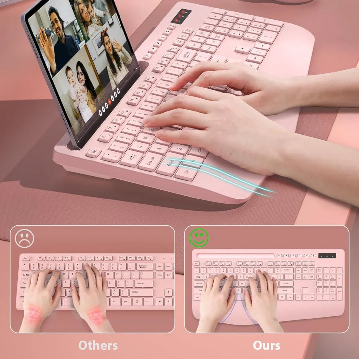 Wagpak Wireless Keyboard and Mouse Combo Wrist Rest Ergonomic Phone Holder Silent for Computer,Laptop-Light Pink