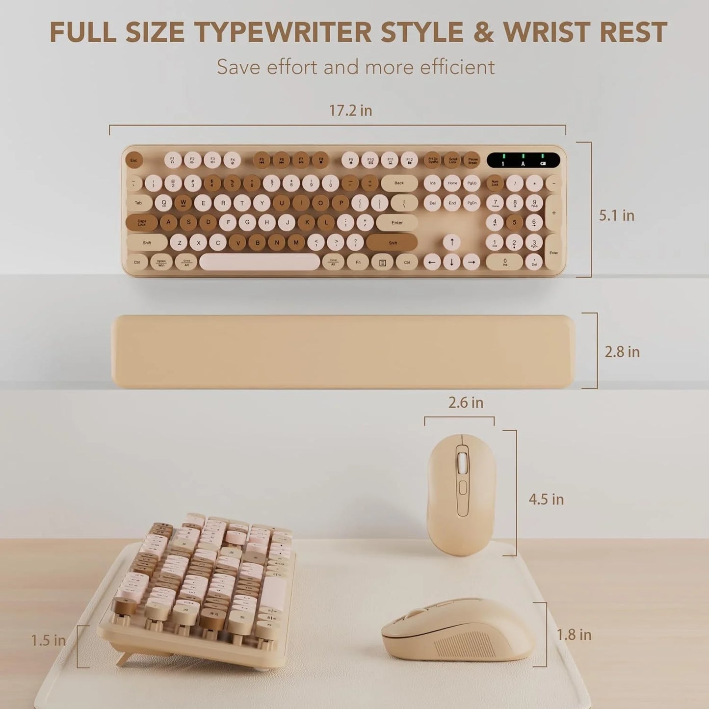Wireless Keyboard and Mouse Combo Latte, Retro Round Keycaps, Full Size with Detachable Wrist Rest, 2.4G for PC Mac Windows