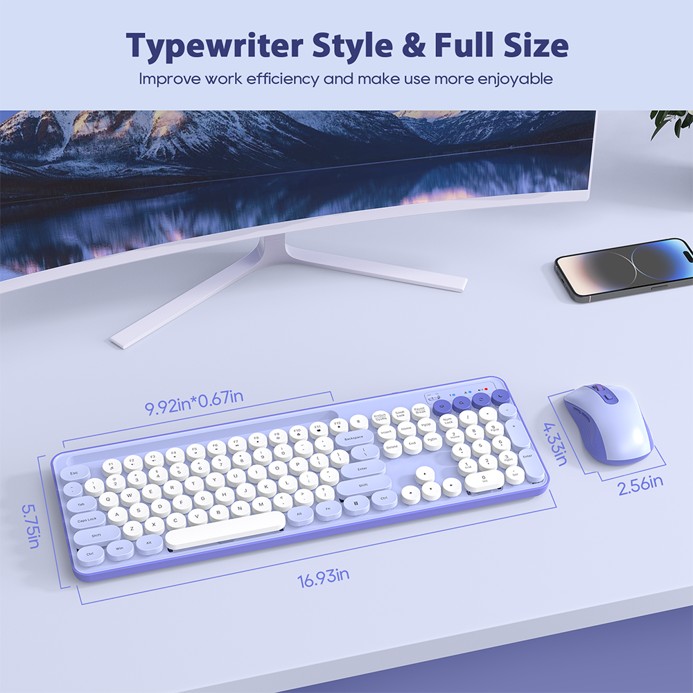 Wireless Keyboard and Mouse Set, Purple, New, Retro Keyboard and Mouse Set with Phone Holder - Soft Clicks & Convenient Design for Work and Study