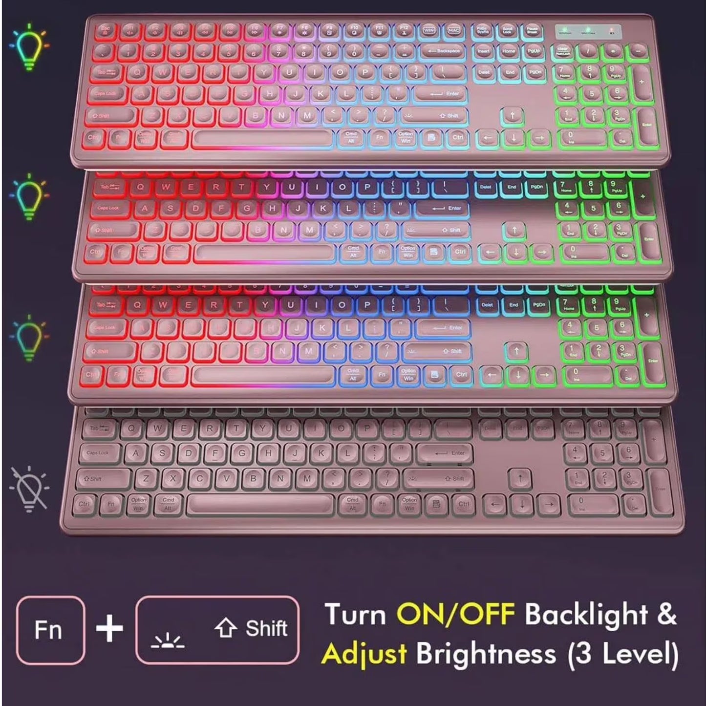 Wagpak Wireless Keyboard and Mouse Combo RGB Backlit Rechargeable 2.4GHz Quiet 108 Keys Keyboard-Rose Gold