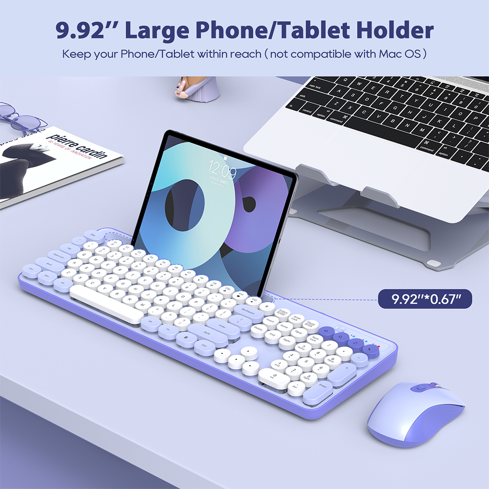 Wireless Keyboard and Mouse Set, Purple, New, Retro Keyboard and Mouse Set with Phone Holder - Soft Clicks & Convenient Design for Work and Study
