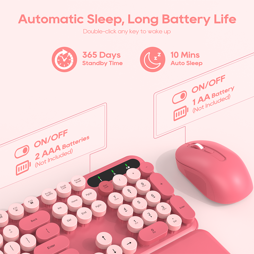 Wireless Keyboard & Mouse Set (Hot Pink) – Retro Round Keycaps, Detachable Wrist Rest, 2.4GHz Cordless Connection for Mac/Windows/PC