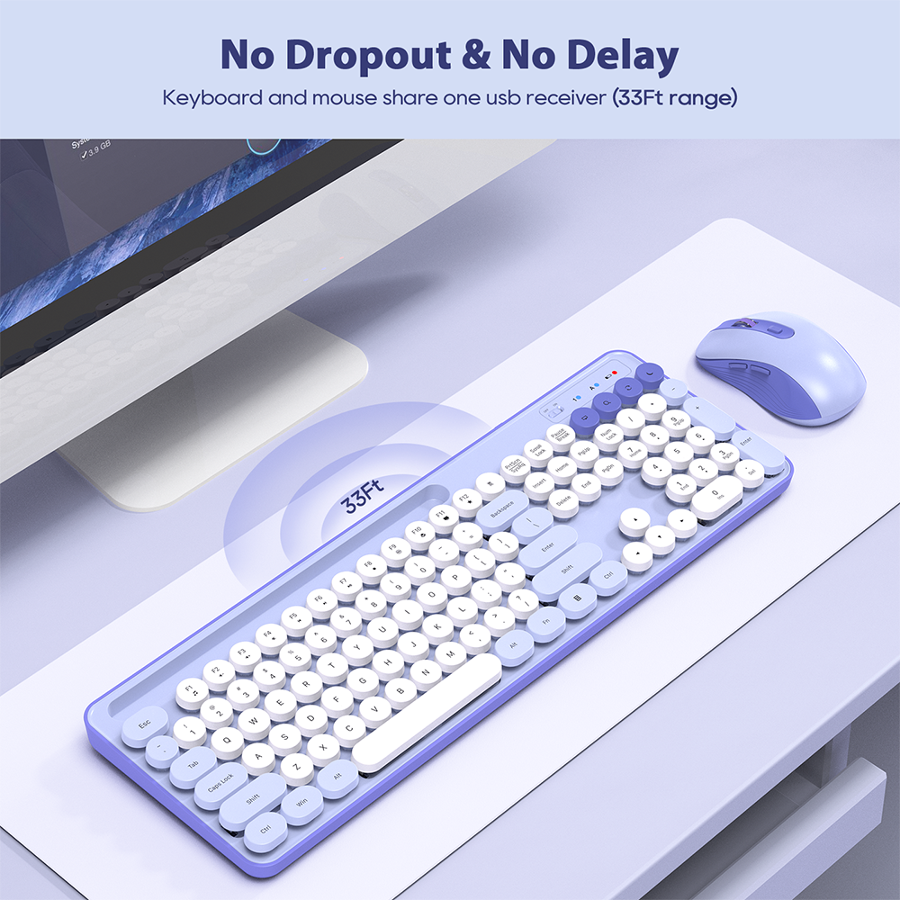 Wireless Keyboard and Mouse Set, Purple, New, Retro Keyboard and Mouse Set with Phone Holder - Soft Clicks & Convenient Design for Work and Study