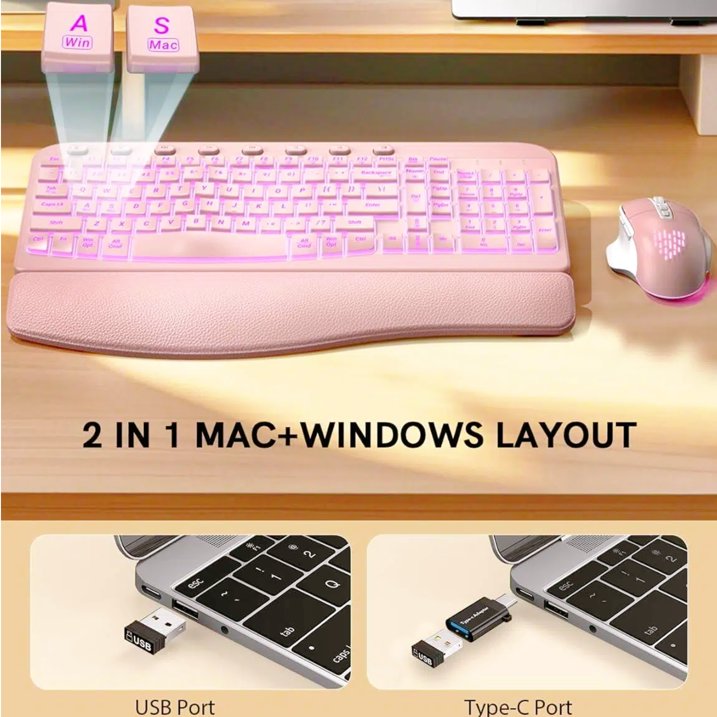 Wireless Keyboard and Mouse Combo - Ergonomic Wave Rechargeable Keyboard with Soft Leather Wrist Rest, RGB Backlit -Pink