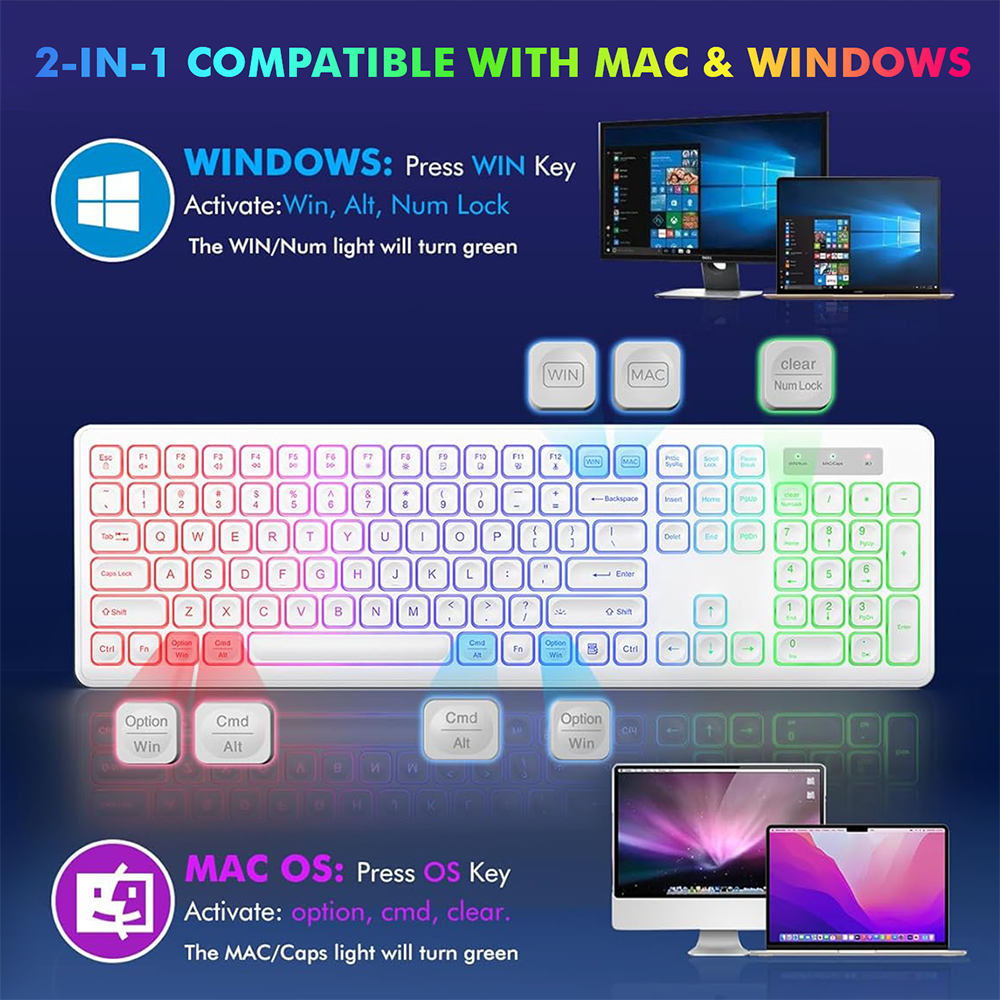 Wagpak Wireless Keyboard 7 Color Backlit Wrist Rest Rechargeable 112 Keys Quiet Keyboard White