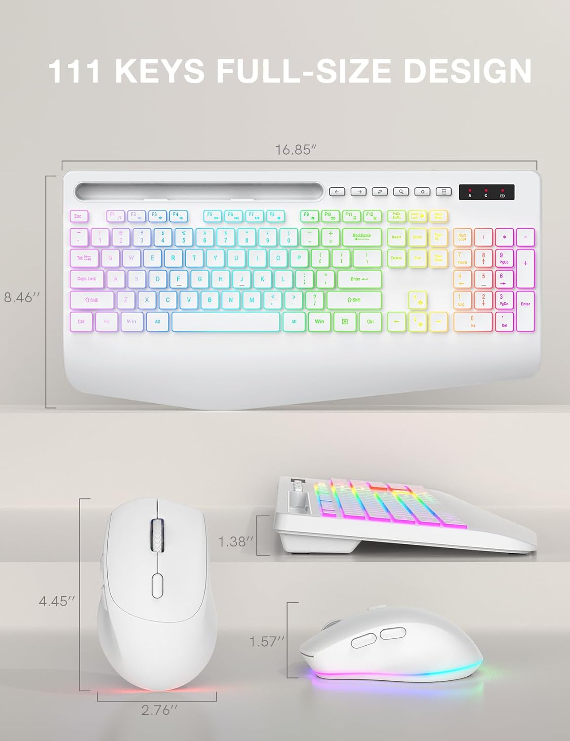 Wireless Keyboard and Mouse Combo with 9 Backlit, Wrist Rest & Phone Holder, White