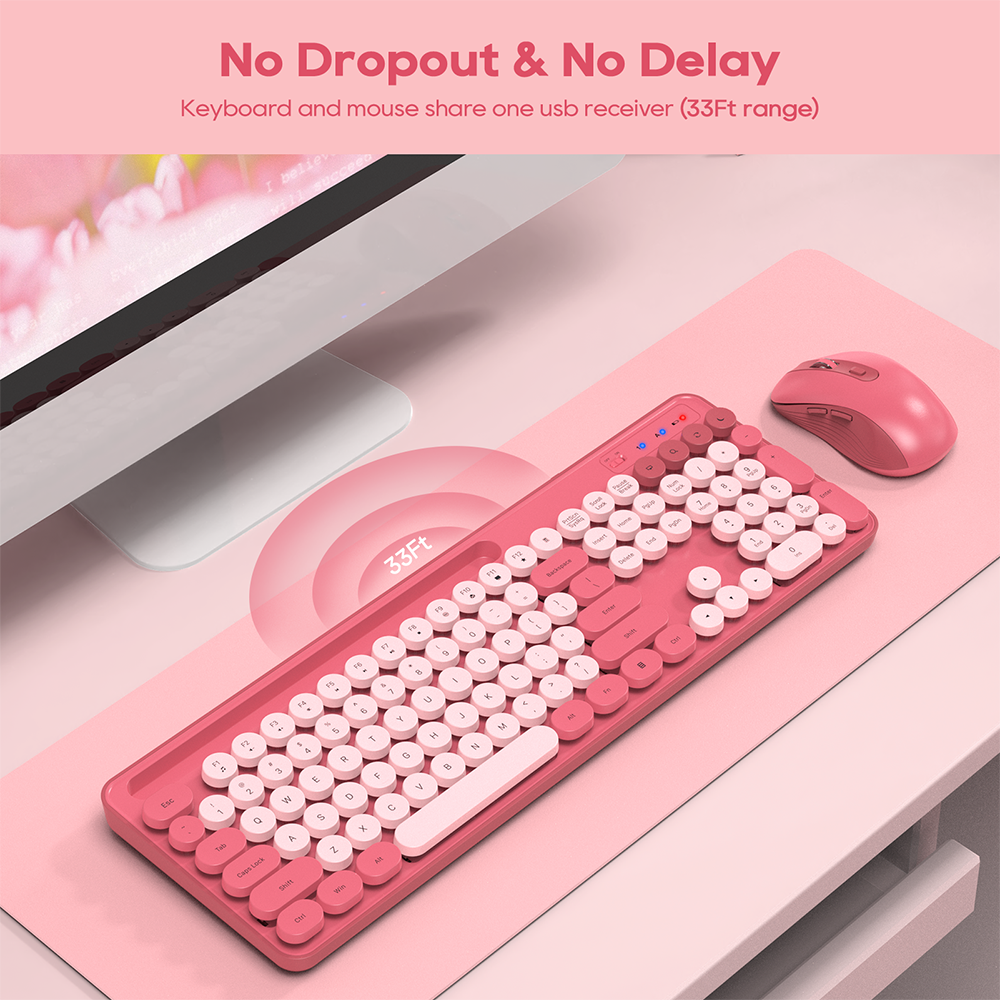 Wagpak Wireless Keyboard and Mouse Set, Pink, (New), Retro Keyboard and Mouse Set with Phone Holder - Soft Clicks & Convenient Design for Work and Study
