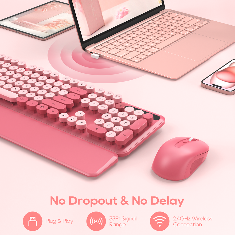 Wireless Keyboard & Mouse Set (Hot Pink) – Retro Round Keycaps, Detachable Wrist Rest, 2.4GHz Cordless Connection for Mac/Windows/PC