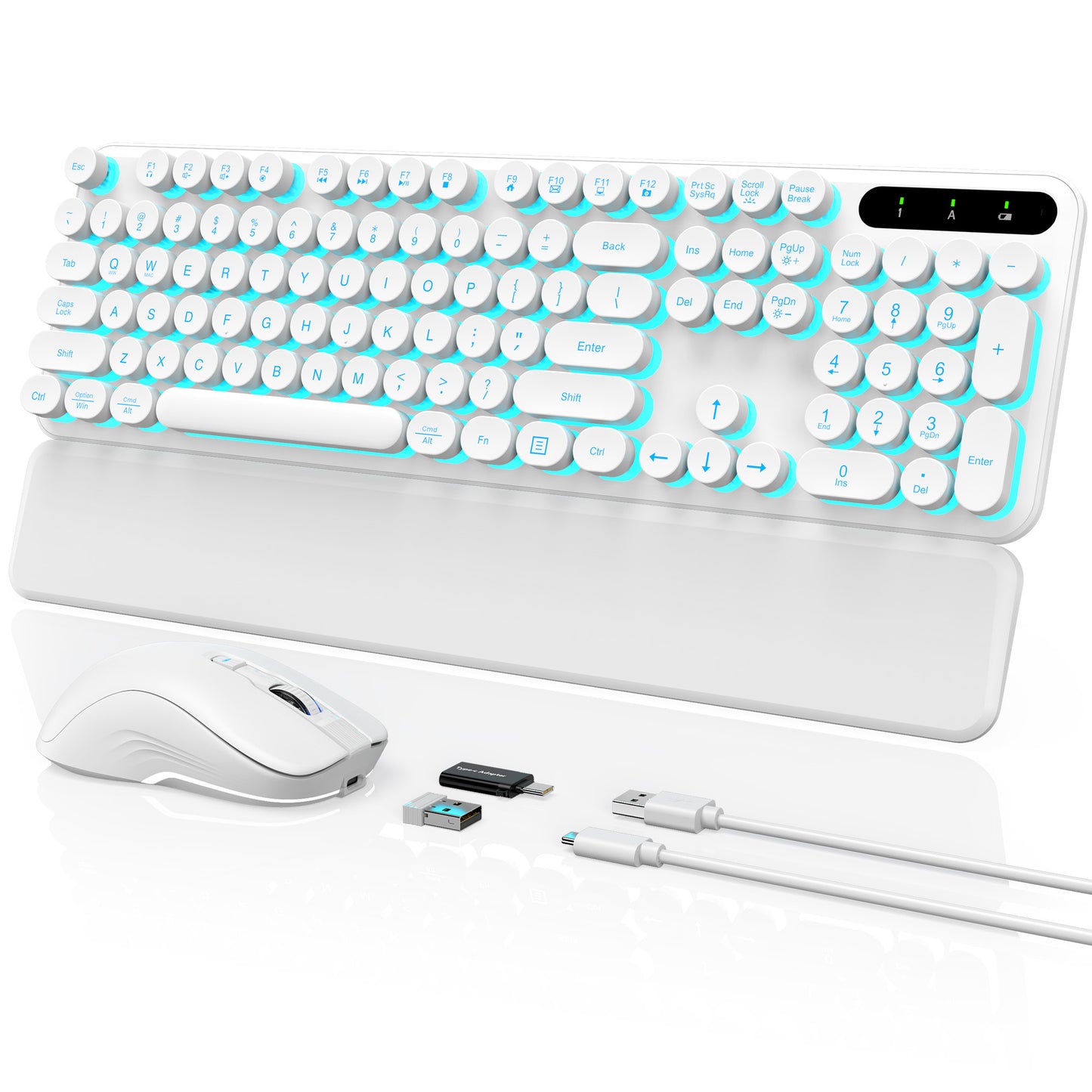 Wagpak Wireless Keyboard and Mouse Backlit - Retro Round Keycaps, Detachable Wrist Rest, White