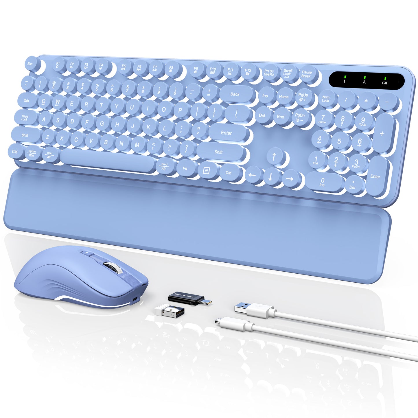 Wagpak Wireless Keyboard and Mouse Backlit - Retro Round Keycaps, Detachable Wrist Rest, Purple