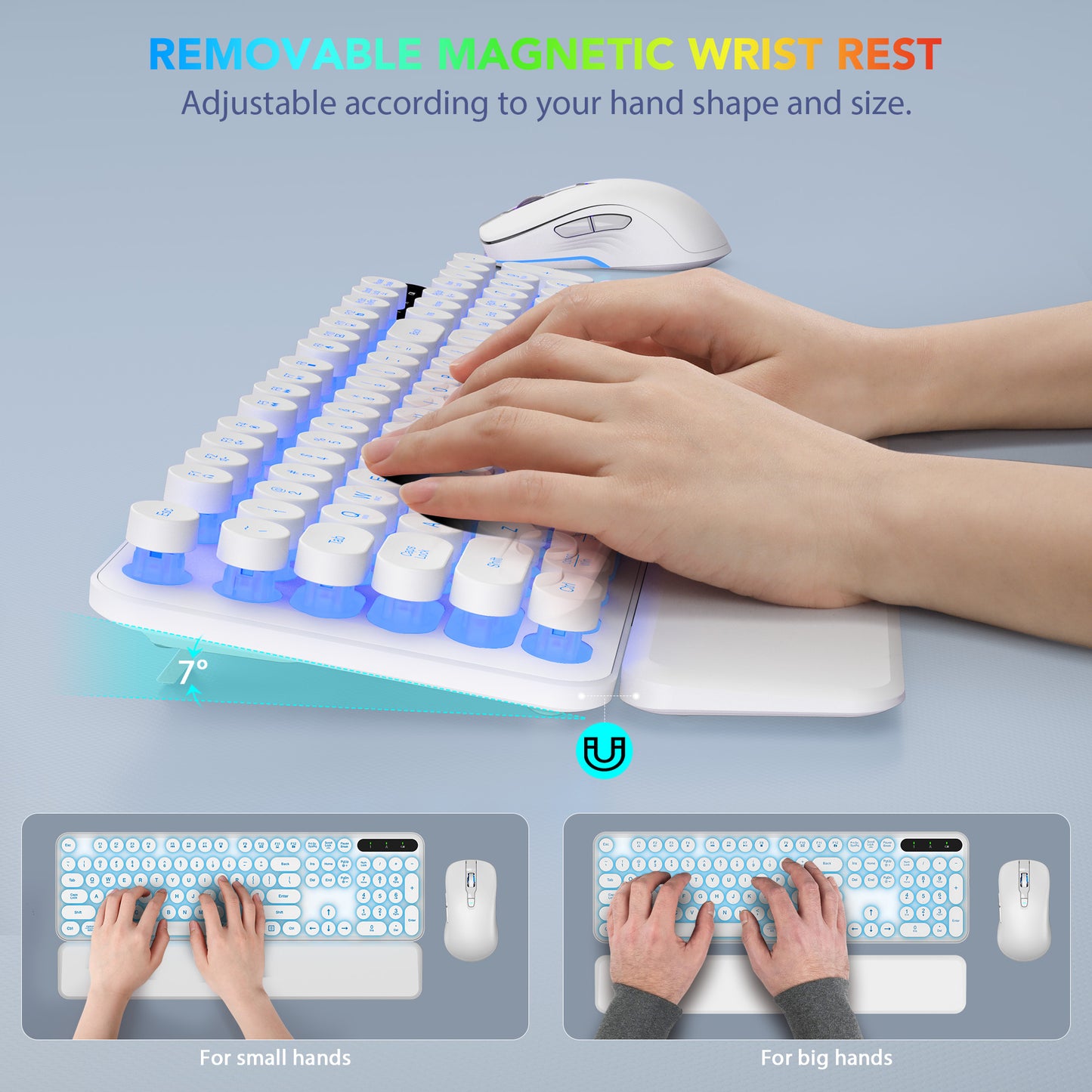 Wagpak Wireless Keyboard and Mouse Backlit - Retro Round Keycaps, Detachable Wrist Rest, White
