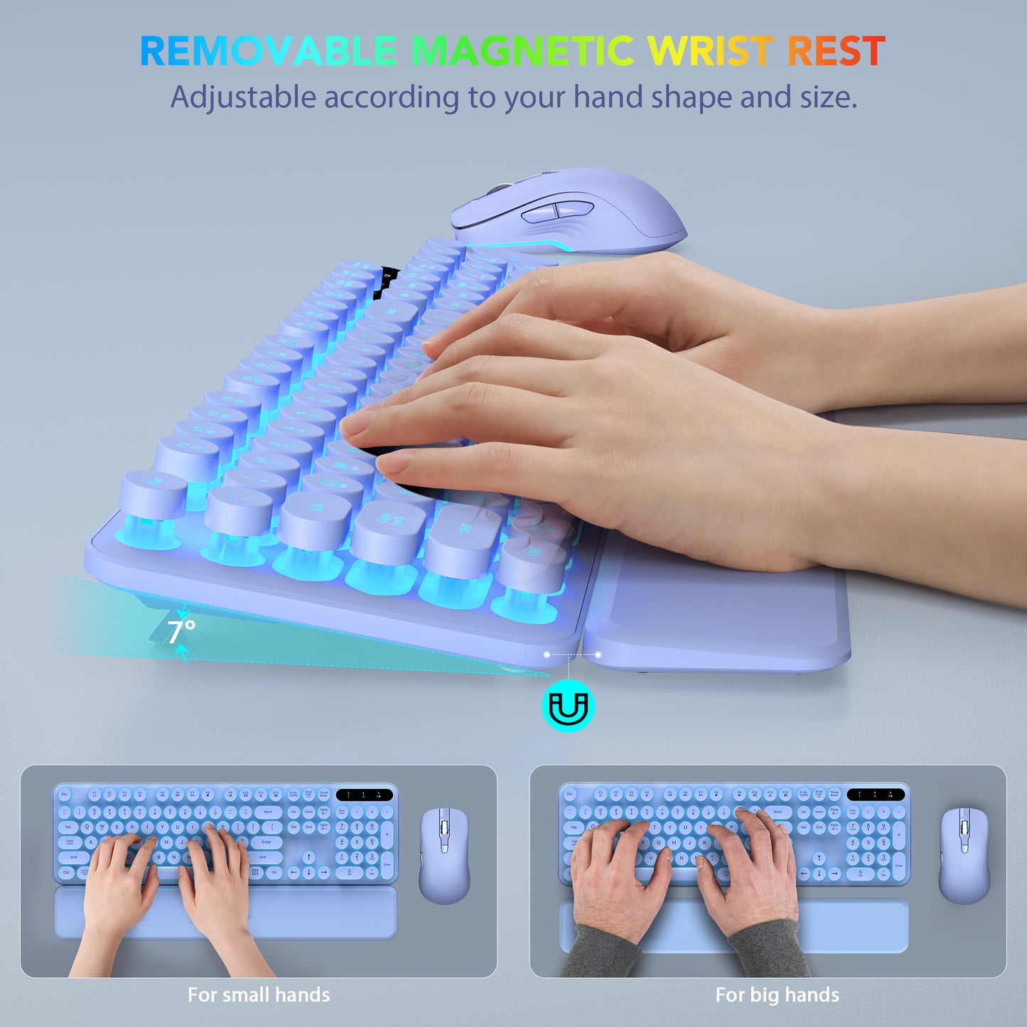 Wagpak Wireless Keyboard and Mouse Backlit - Retro Round Keycaps, Detachable Wrist Rest, Purple