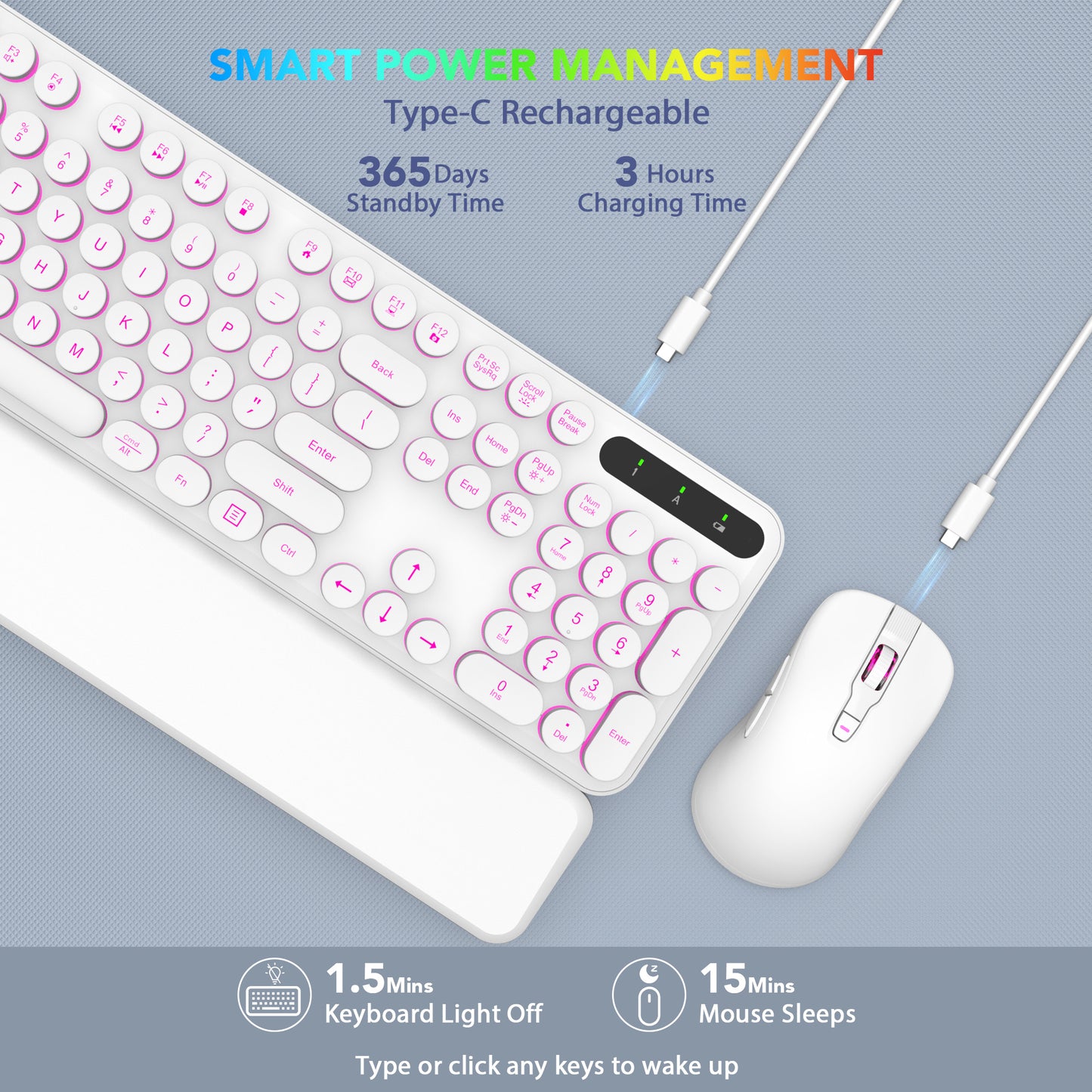 Wagpak Wireless Keyboard and Mouse Backlit - Retro Round Keycaps, Detachable Wrist Rest, White
