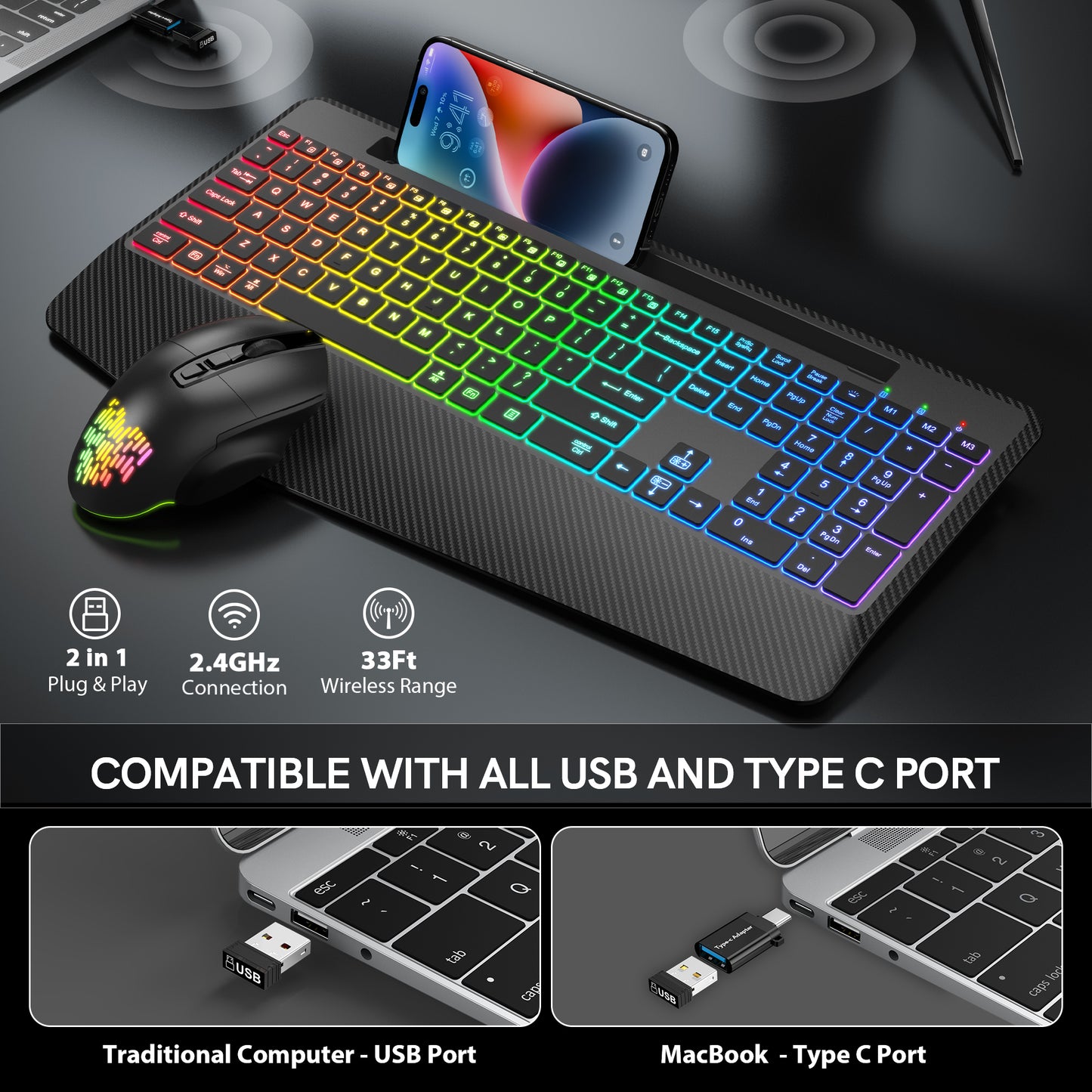 Wireless Keyboard and Mouse Backlits, Wrist Rest, Jiggler Mouse