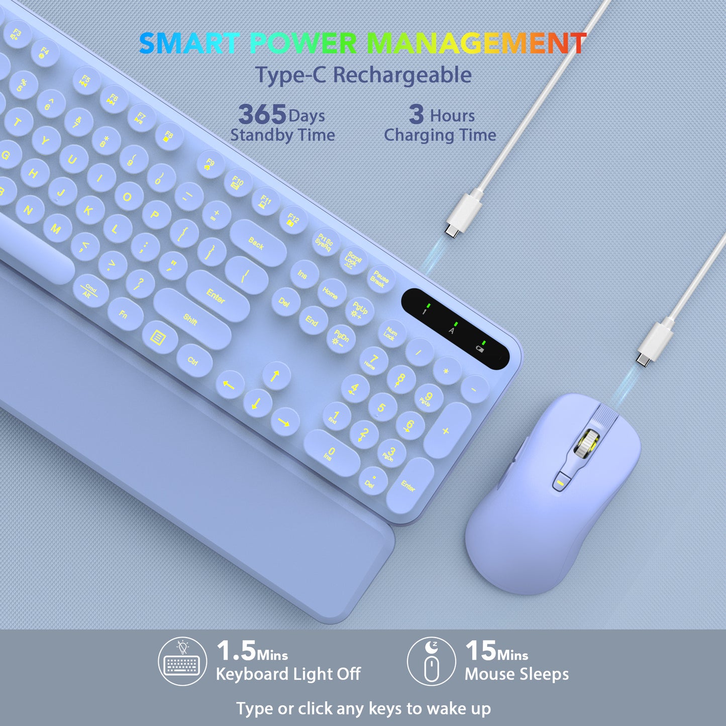 Wagpak Wireless Keyboard and Mouse Backlit - Retro Round Keycaps, Detachable Wrist Rest, Purple