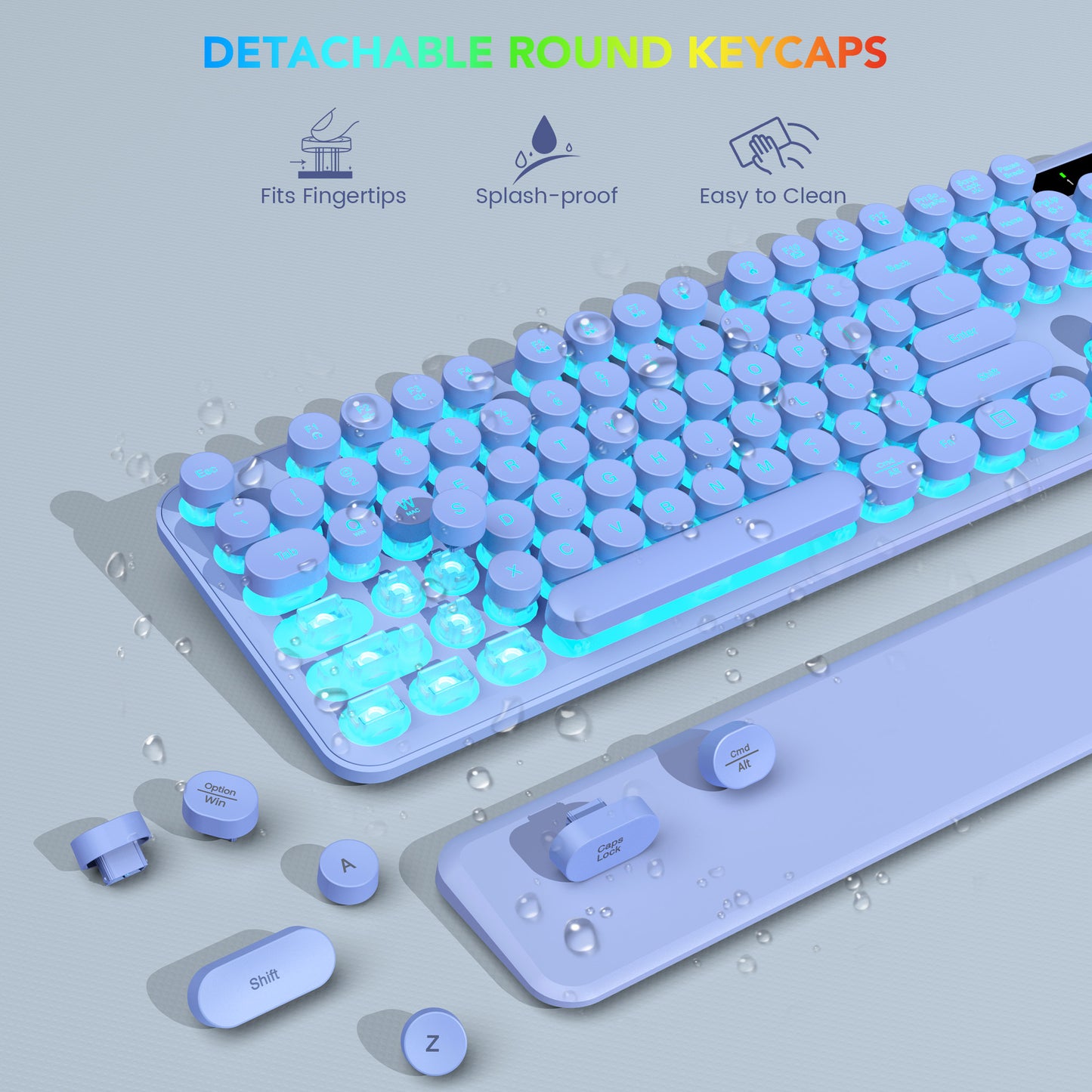 Wagpak Wireless Keyboard and Mouse Backlit - Retro Round Keycaps, Detachable Wrist Rest, Purple