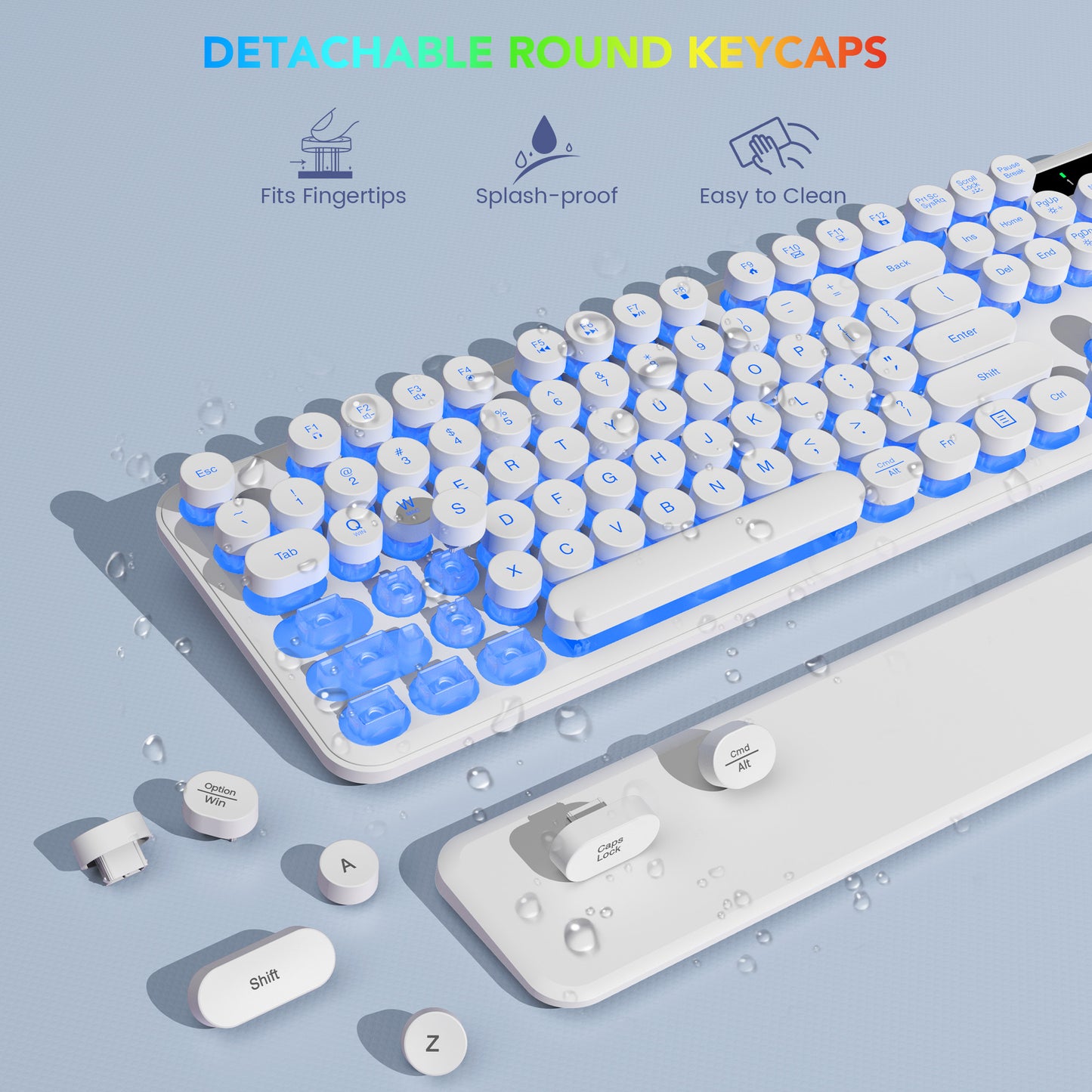 Wagpak Wireless Keyboard and Mouse Backlit - Retro Round Keycaps, Detachable Wrist Rest, White