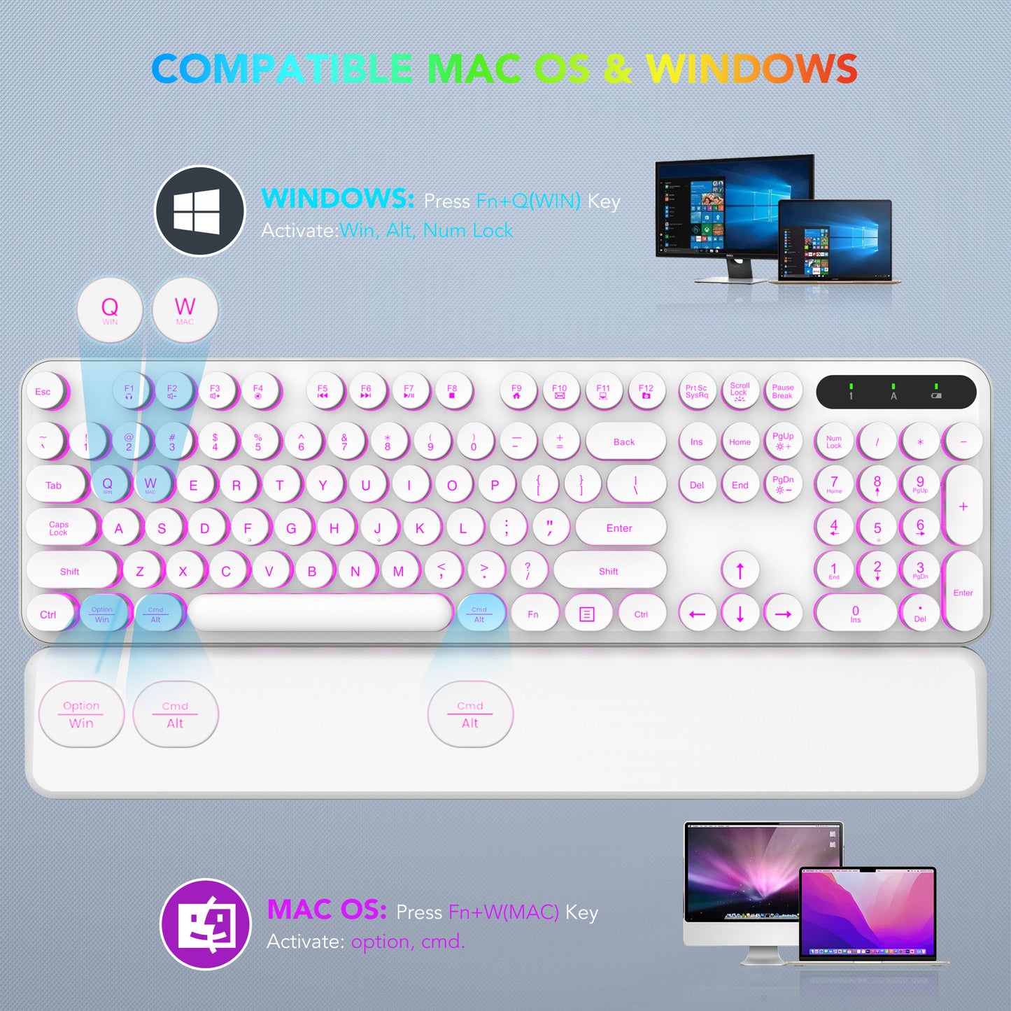 Wagpak Wireless Keyboard and Mouse Backlit - Retro Round Keycaps, Detachable Wrist Rest, White