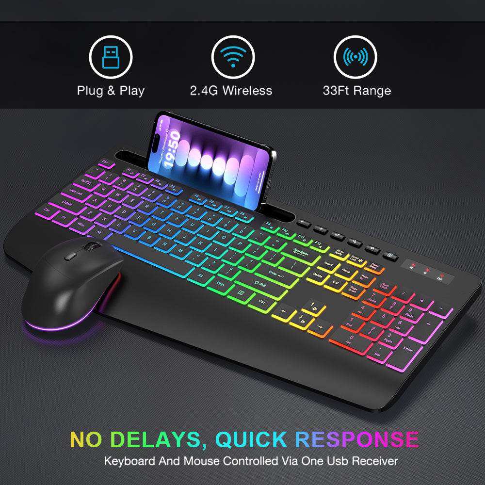 Wireless Keyboard and Mouse Combo, 9 Backlit Effects with Wrist Rest, Phone Holder