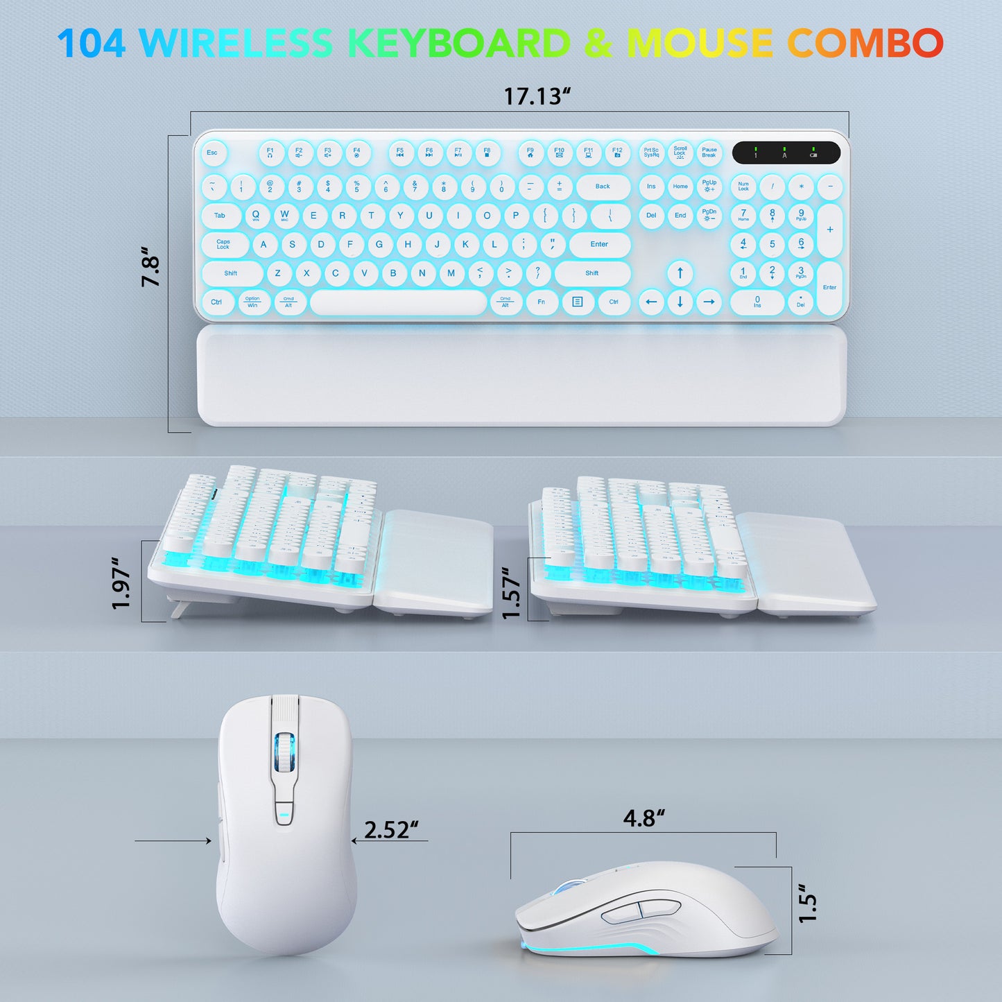 Wagpak Wireless Keyboard and Mouse Backlit - Retro Round Keycaps, Detachable Wrist Rest, White