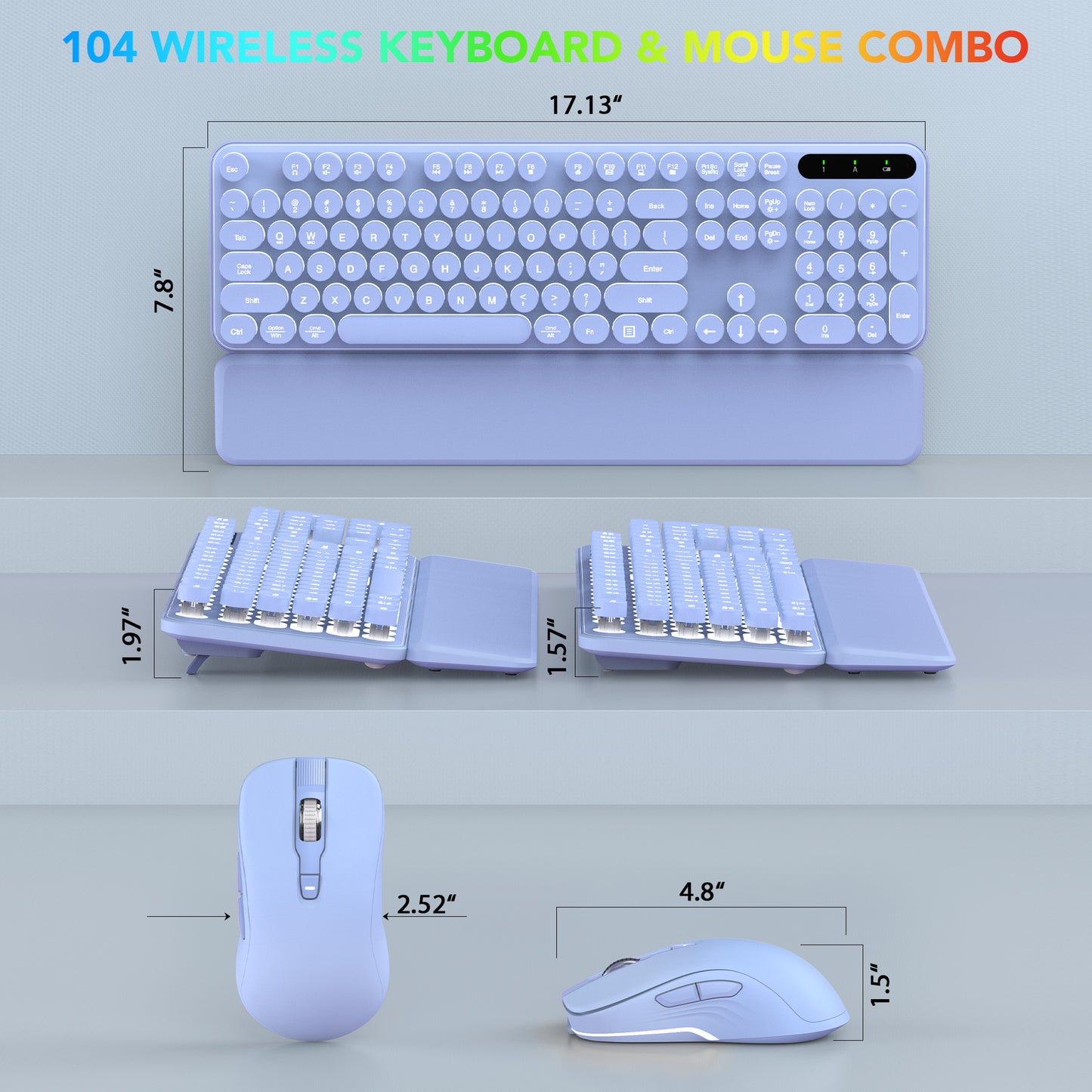 Wagpak Wireless Keyboard and Mouse Backlit - Retro Round Keycaps, Detachable Wrist Rest, Purple